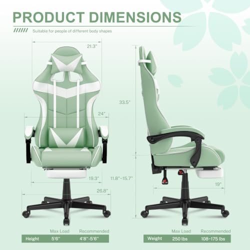 Huracan Gaming Chair with Footrest, Ergonomic Computer Chair Lumbar Support, Adjustable High Back Recliner for Adults, Racing Style Video Gaming Chairs, for Home Office Streaming, Light Green