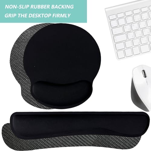 Keyboard Wrist Rest Pad Mouse Pad with Wrist Support Set of 3, Mousepad with Non-Slip Rubber Base, Ergonomic Memory Foam Mouse Wrist Cushion Support for Home Office Laptop Computer Gaming, Black
