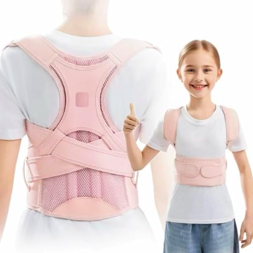 Back Brace Posture Corrector for Kids Teenagers Women, Adjustable Upper Back Straightener Lumbar Support Belt for Student Boys Girls Hunchback Scoliosis Pain Relief Spine Corrector (Pink, Large)