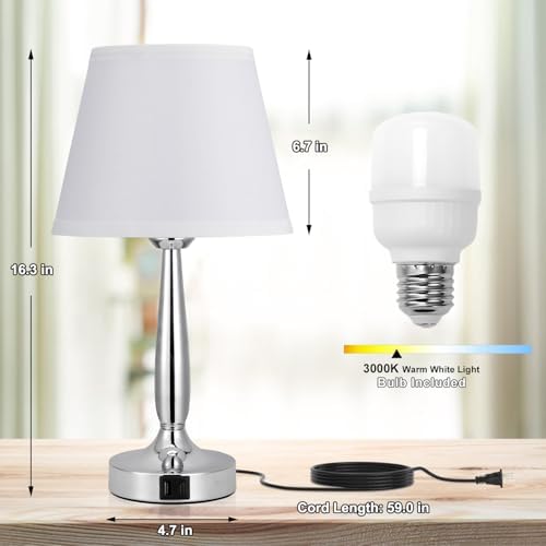 Kakanuo Touch Table Lamp for Bedroom, Small Bedside Lamp with USB C Charging Port, 3 Way Dimmable Touch Control Nightstand Lamp for Living Room and Office, White Shade and Silver Base