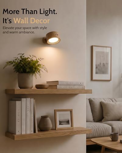 Rechargeable Wall Sconces with Remote, Magnetic Wall Lights, Wood 1 Pack