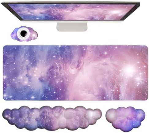 Cloud Wrist Rest Keyboard Purple Cloud Mouse Pad Set 4PCS Galaxy Large Desk Mat Ergonomic Space Wrist Pad Support Memory Foam Non-Slip Wrist Rest for Keyboard and Mouse Computer Gaming Home Office