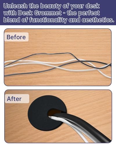 Desk Grommet & Cable Grommet 1-3/8 Inch (10 Pack) - Black Cord Hole Cover with Hole Cutter - Cable Management Kit for Office Desk, TV Stand, Workstation - Hide Wires Behind Wall, Cable Pass Through