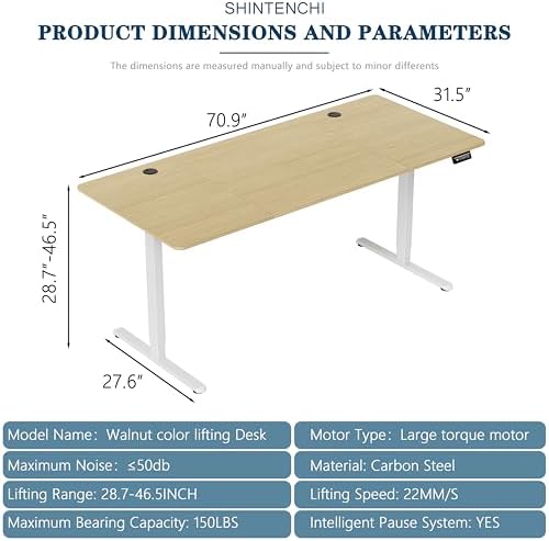 Shintenchi Standing Desk, 71x31 Inch Height Adjustable Electric Sit Stand up Desk, Ergonomic Rising Computer Table, Modern Lift Gaming Desk Workstation for Home Office, Walnut and White