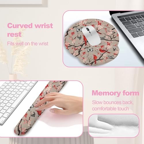 Cardinal Cherry Blossom Butterfly Keyboard Wrist Rest Pad and Mouse Pad Wrist Support Set,3-in-1 Ergonomic Mouse Pad with Non-Slip Rubber Base for Home Office Game Computers Desk,