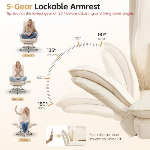 HUBSON Big and Tall Office Chair, Footrest & Flip Armrest for Pets, Beige