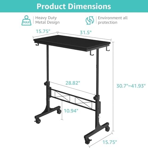 WINAZ Small Portable Rolling Standing Desk - 32 Inch Adjustable Height Mobile Teacher Podium on Wheels for Classroom, Stand Up Desks for Treadmill Walking Pad, Couch Sofa Side Laptop Table, Black