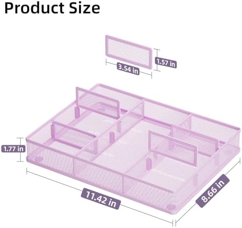 Marbrasse Desk Drawer Organizer, Metal Mesh Drawer Organizer Tray with 5 Adjustable Compartments,Desk Organizers and Accessories for Home,Office,Kitchen,Makeup,Vanity (Purple)