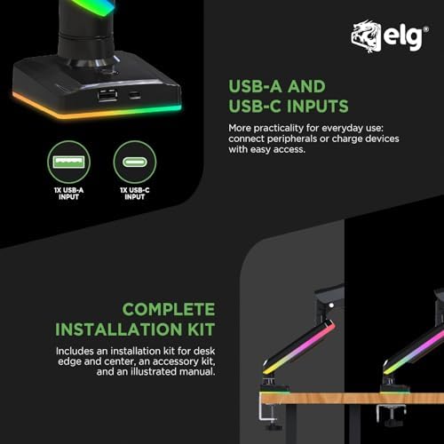 ELG RGB Gaming Monitor Arm, Gas Spring, 17-35" Screens up to 19.8 lbs, Aluminum & Steel, 360° Rotation, Tilt & Swivel, C-Clamp & Grommet, VESA 75x75 to 100x100mm, Cable Management, Black