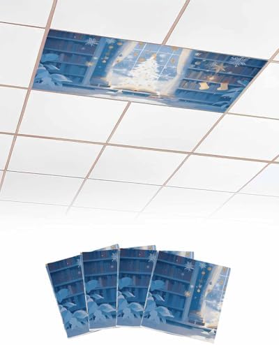 Christmas Magnetic Fluorescent Light Covers for Ceiling Lights 2 x 4 Feet,Xmas Tree Snowflake Snowman Cartoon Blue Office Classroom Kitchen Drop Ceiling Light Covers Filters Shade Panel 4 Packs