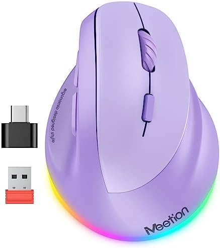 MEETION Ergonomic Wireless Mouse, Bluetooth Vertical Mouse with RGB, Purple