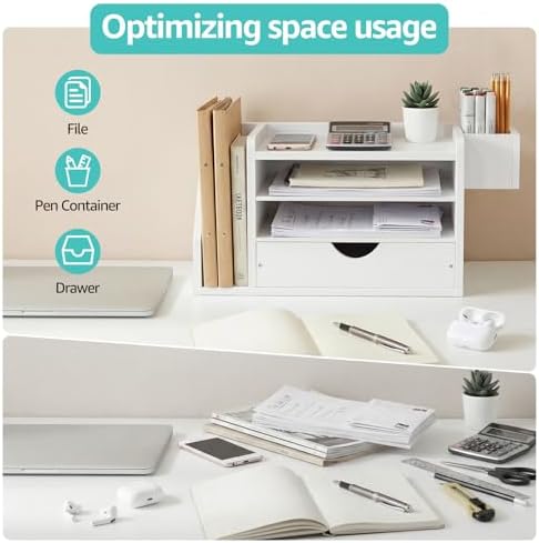 Wood Desk Organizers and Accessories with Drawer - White 3 Tier Paper Tray and Desktop Storage Caddy for Office Supplies, Slanted File Folder Holder and Pen Cup, Dorm Essentials for School