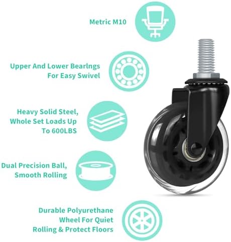 Hirate 3 inch M10 x 20mm Threaded Stem Swivel Caster Wheels with Hex Nuts