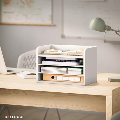 Ballucci File Organizer, 4-Tier Office Desk Organizer, Open Top Wood Paper Organizer for Classroom, Mail Sorter Paper Tray with Adjustable Storage Shelves, White