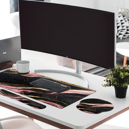 Britimes Keyboard Mouse Pad Set, 4 in 1 Desk Mat Set, Pink Black Marble
