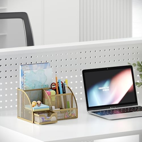EasyPAG Mesh Desk Organizer with Drawer Multi-functional Pen Holder Stationery Organizer for Office School Supplies 6 Compartments Dorm Organizers and Storage for Desk, Gold