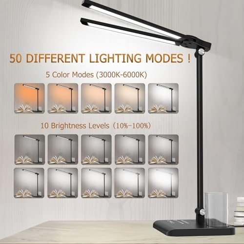 Dimmable LED Desk Lamp with USB Charging Port Bright 50 Lighting Modes
