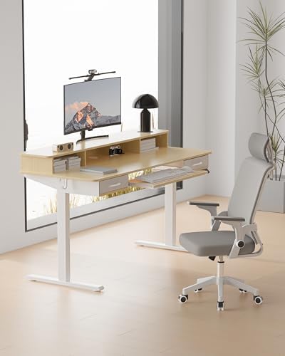 Electric Standing Desk with Keyboard Tray, 55x24 Inches Height Adjustable Stand up Desk with 2 Drawers, Ergonomic Sit to Stand Table with Storage Monitor Stand, Oak