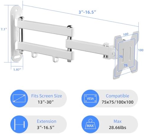 Suptek Full Motion TV Wall Mount Bracket for Most 13-30 inch TVs and Monitors, Flat and Curved TVs up to 28.66lbs, Tilt Swivel and 16.5 inch Extension, Max VESA 100x100mm, White, MA2776W