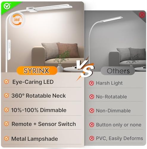 Syrinx LED Floor Lamp, 18W 2000LM Bright Reading Floor Lamp, Dual Head Gooseneck Standing Lamp, Smart Motion Sensor, Remote Control, Dimmable Brightness & Color Temp, for Living Room Bedroom Office