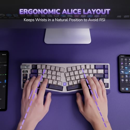 RK ROYAL KLUDGE A70 Wireless Ergonomic Keyboard, 65% Alice Split Mechanical Keyboard w/Bluetooth/2.4GHz/Wired, RGB Gaming Keyboards with Knob and Gasket Mount, Hot Swappable Pre-lubed Linear Switches