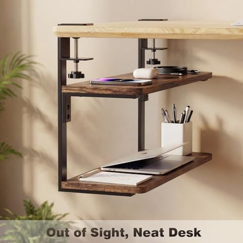 2-Tier Desk Extender, 22-inch Clamp-On Desk Shelf, Height-Adjustable Desktop Shelf Organizer for Monitors Office and Gaming Accessories, Arm Support Table Extension, Dark Brown