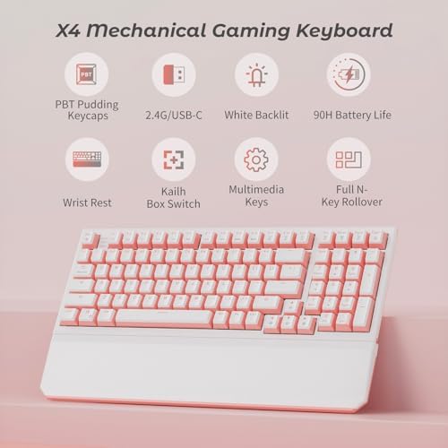 Hexgears X4 Wireless Mechanica Keyboard, 99-Key Clicky Switch White Backlit Gaming Keyboard - NKRO 2.4G/USB-C with Wrist Rest, Pudding Keycaps-White/Pink