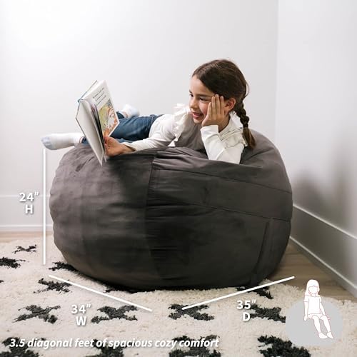 Big Joe Fuf 3.5Ft Foam Bean Bag Chair for Kids, Teens, Teddy Gray Plush Soft Polyester, 3.5 Foot Large Ultra-Soft Seat for Gaming, Bedroom, Reading Nook