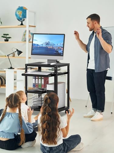 AV Presentation Cart with Keyboard Tray Mobile AV Cart Stand Metal Media Cart with Wheels for Projector Height Adjustable Computer Workstation Presentation Cart for School Classroom Office