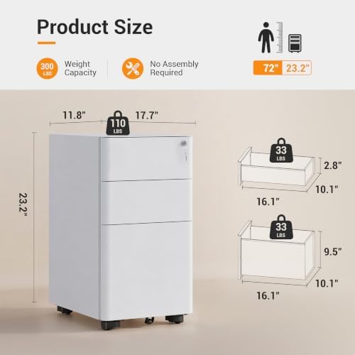 DEVAISE 3 Drawer File Cabinet on Wheels, Fully Assembled Except Casters