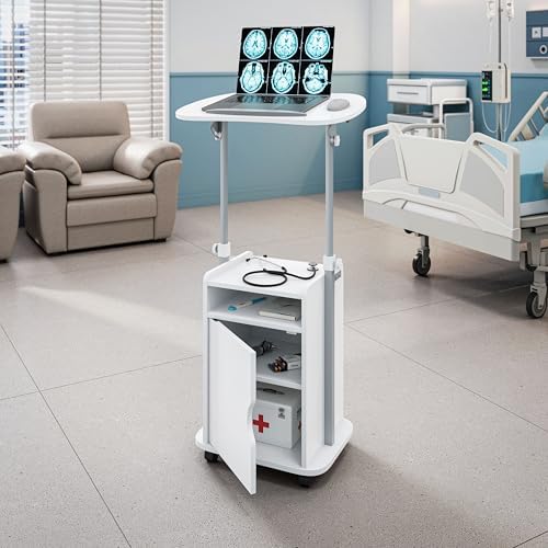 Techni Mobili Adjustable Laptop Cart w/Storage, Rolling Mobile Desk, White