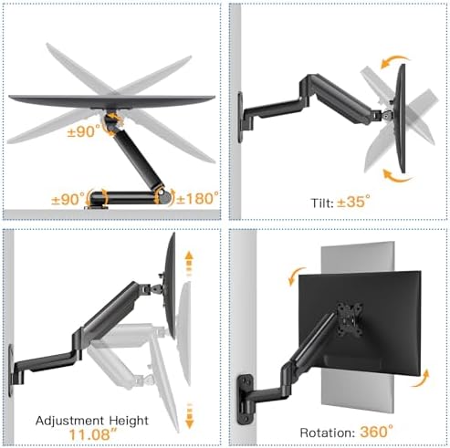 HUANUO Single Monitor Wall Mount for 13 to 32 Inch Computer Screen, Gaming Monitor Wall Mount Arm Holds up to 17.6lbs, Height Adjustable Full Motion Wall Monitor Mount-VESA Mount 75x75,100x100