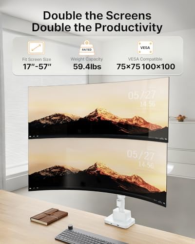 monTEK Dual Ultrawide Monitor Arm for 17-57" Screens, USB, White