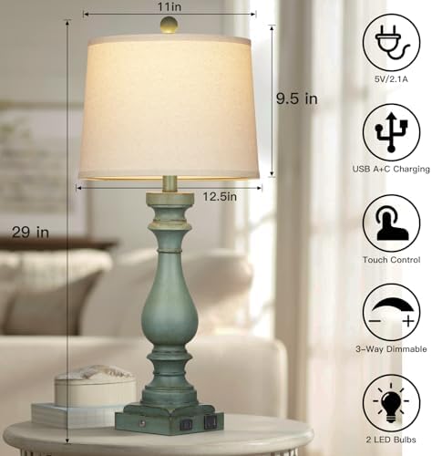 Cinkeda 29" Tall Table Lamp for Living Room Set of 2,Vintage Bedside Nightstand Lamps with USB C+A Ports & AC Outlet,3-Way Dimmable Touch Control Retro Green Desk Lamp for Bedroom,Color 4