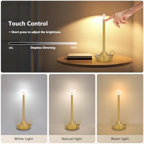 Rechargeable Cordless Table Lamp, Battery Table Light | Stepless Dimming Portable LED Table Light with Memory Function, for Outdoor/Dinner/Patio/Restaurant.(Gold)