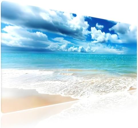 Tranquil Coastal Beach Large Mouse Pad, Blue Ocean Puffy Clouds Desk Mat