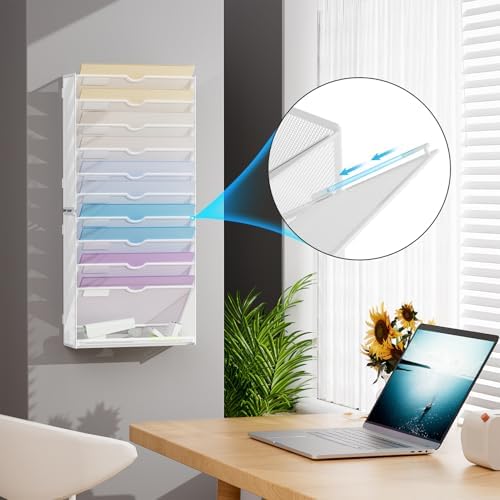 Marbrasse Wall File Holder 11-Tier Hanging Wall File Organizer, for Papers, Files Clipboard & Magazine Organizer, Wall Mount File Holder Great for Office Home (White)