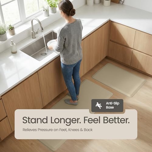 Anti Fatigue Kitchen Mats for Floor | Padded Kitchen Rugs | Non Slip, Cushioned Standing Desk Mat | Waterproof Floor Mat | 17.3" x 28" x 0.47" & 17.3" x 59" x 0.47", Beige, 2-Pack | More Décor