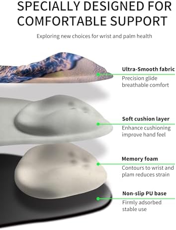 Palm-Rest and Wrist-Hugging Mouse Pad Wrist Rest, Ergonomic Wrist Support with Curve Fitting Cushioned Memory Foam for Carpal Tunnel Pain Relief, 9.9 x 8.3 Inch, Sunrise Beach