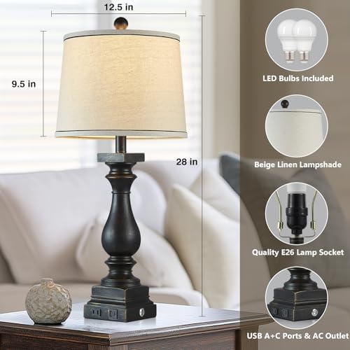 28" Tall Farmhouse Table Lamps with USB C+A Ports and AC Outlet, 3 Way Touch Control Rustic Bedside Lamps for Bedroom, Black Vintage Nightstand Lamps for Living Room Office