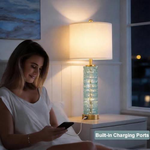 Oneach 27.75" Coastal Blue Table Lamps Set of 2 with Nightlight for Bedside