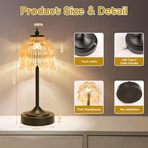 Cordless Table Lamp, Rechargeable Amber Glass Lotus Flower Lamp