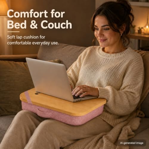 Mayjoy Bamboo Laptop Lap Desk with Storage, Removable Cover, Pink