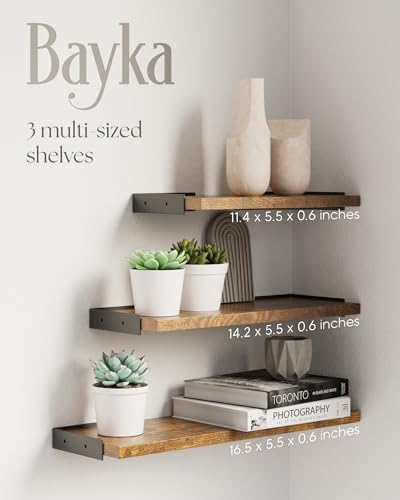 BAYKA Wall Mounted Floating Shelves (Rustic Brown, Set of 3, 16" Mixed)