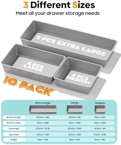 10 Pack Large Size Plastic Drawer Organizers Set, 3 Sizes Desk Drawer Organizer Trays, Storage Bins for Vanity, Makeup, Bathroom, Kitchen Utensils and Office (Gray)