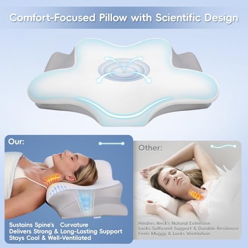 Cervical Neck Pillow, Memory Foam Pillows for Neck and Shoulder Pain Relief, 2 Heights Ergonomic Pillow with Breathable Ice Silk Cover, Neck Support Pillow for Side Sleepers,White