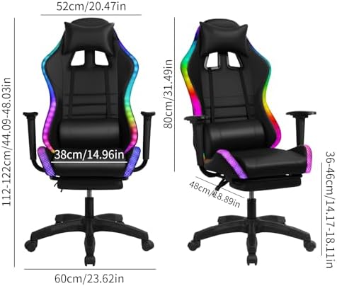Gaming Chair with Bluetooth Speakers & Light, Ergonomic High-Back Office Chair with Adjustable Armrest, 360° Swivel & Recline, Faux Leather Racing Style Desk Chair for Gaming