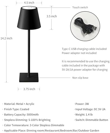 KDG Cordless Black Table Lamp, Portable Desk Lamp, 5000mAh Battery Operated