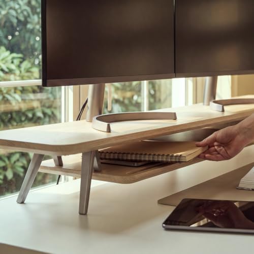 Fenge Dual Monitor Stand Riser, Wooden Desk Shelf with 2-Tier Storage