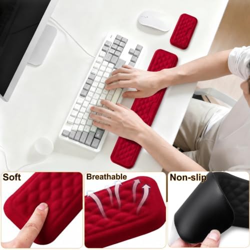 Keyboard Wrist Rest Mouse Wrist Support, Memory Foam Wrist Rest Pad for Computer Laptop, Ergonomic Wrist Cushion Support for Typing Pain Relief, Gaming Home Office, Red